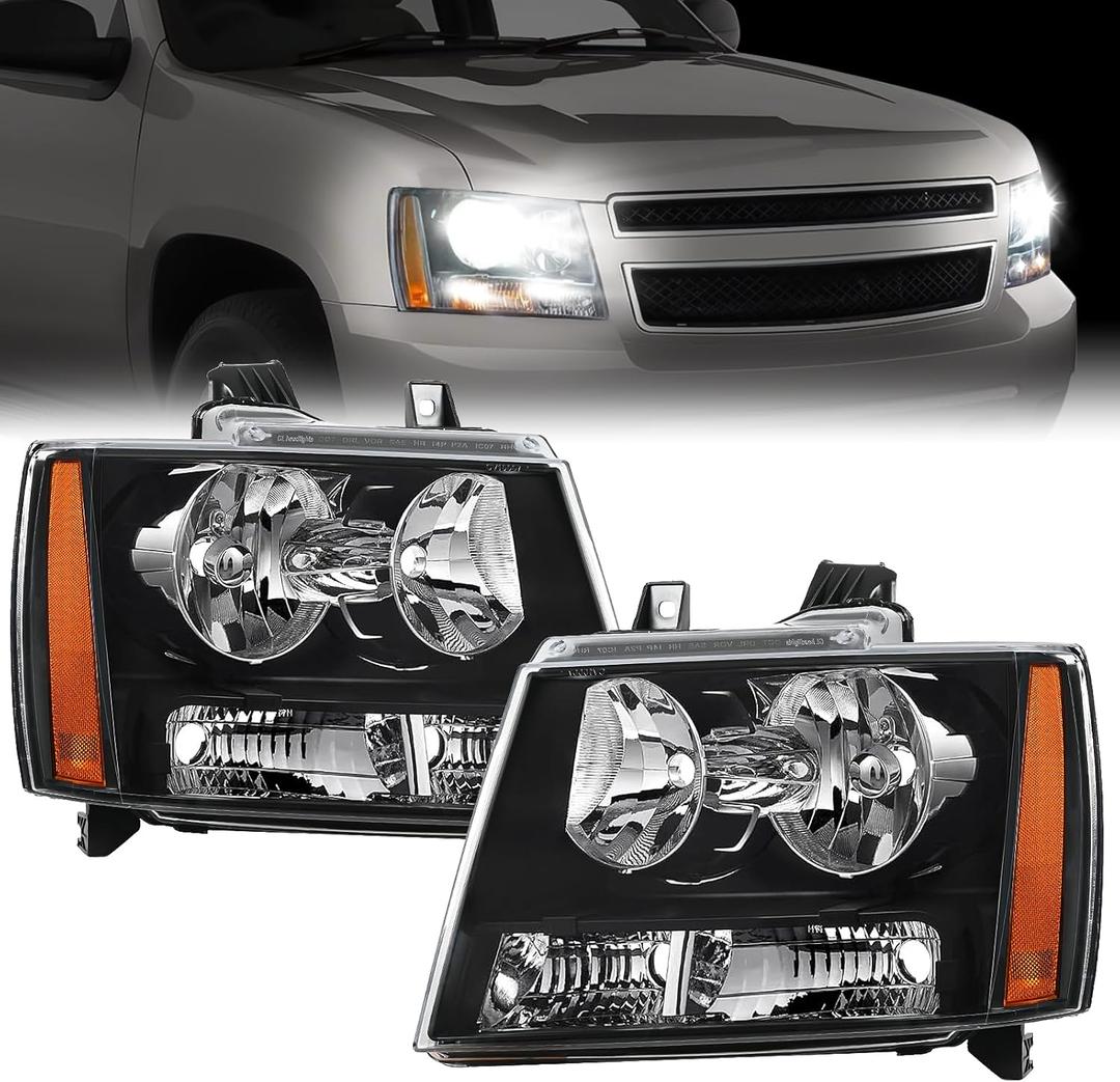 Nilight Headlight Assembly for 2007 2008 2009 2010 2011 2012 2013 2014 Chevy Avalanche Tahoe Suburban 1500 2500 Replacement Headlamp Bumper Lamp Set Black Housing Amber Reflector
