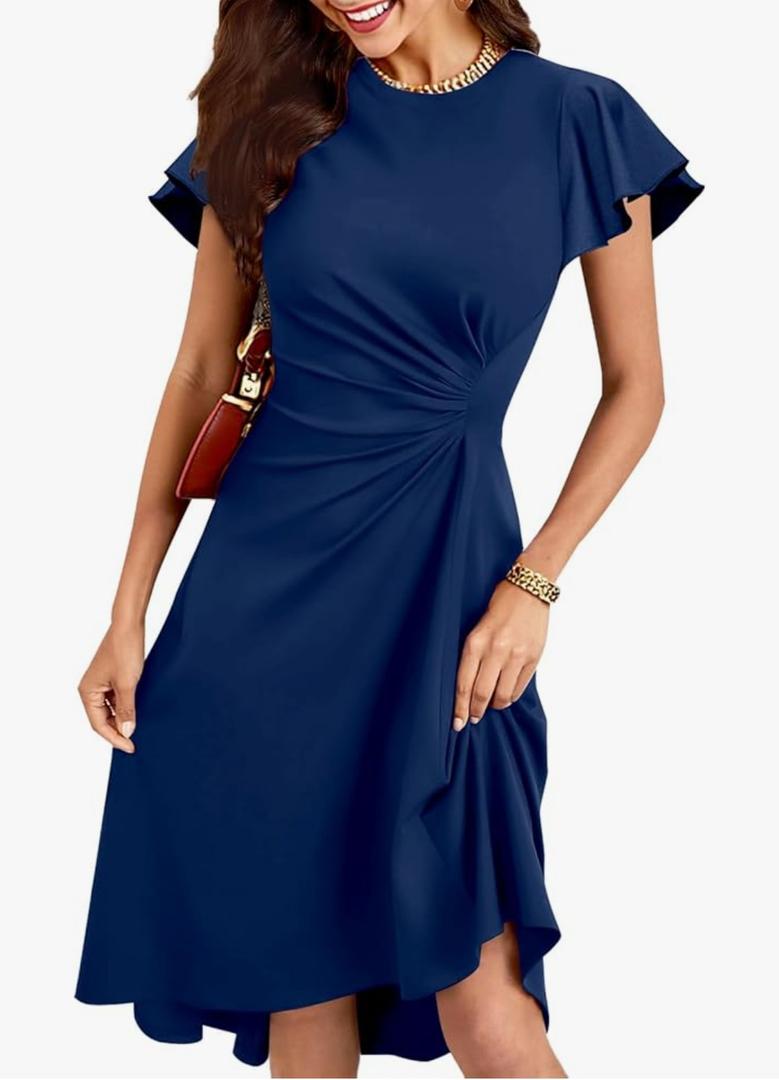 oten Women's 2025 Elegant Ruffle Sleeve Ruched Waist Flowy A Line High Low Midi Cocktail Party Dress L Navy Blue