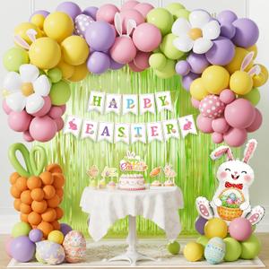 Easter Party Decorations Kit – Happy Easter Bunny Party Supplies for Home & Indoor Decor, Spring Balloon Garland with Banner, Cake & Cupcake Toppers, Foil Fringe Curtains for Easter Garden Celebration
