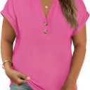 Beautife Womens Plus Size Short Sleeve Henley Tops Summer Button V Neck Blouses 2026 Dressy Casual Loose T Shirts, Rose Red, 3X-Large Plus