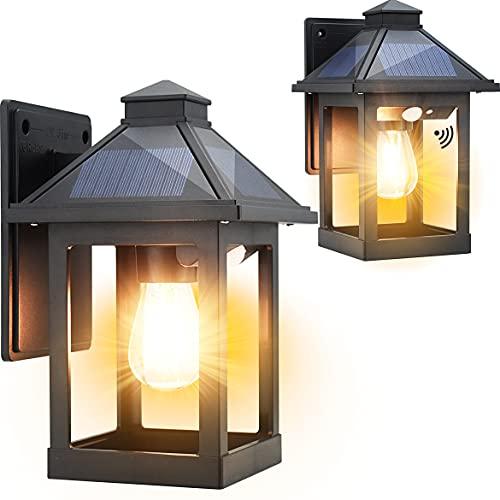 2 Pack Solar Wall Lanterns Outdoor with 3 Modes, Dusk to Dawn Motion Sensor LED Sconce Lights IP65 Waterproof, Exterior Front Porch Security Lamps Wall Mount Patio Fence Garage Decorative