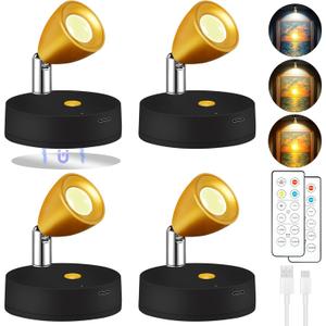 4 Pack Spot Lights Indoor, Rechargeable Wireless Plant Spotlight Indoor, 3 CCT Battery Operated Mini Spotlight, Ambient Lighting for Picture Wall Backdrop Decor (Black)