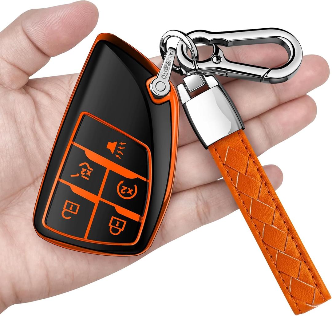 for for Chevy Key Fob Cover with Keychain Soft TPU Protection Case Compatible with 2021-2026 Chevrolet Equinox Blazer Tahoe Suburban GMC Yukon Denali Silverado 5-Buttons (Orange)