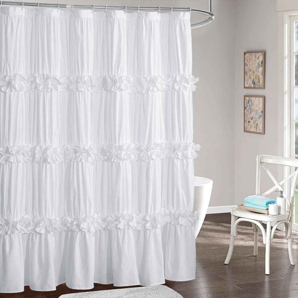 Victorian Ruffle Shower Curtain, Ruched Microfiber Vintage Handcrafted Bow Tie Bath Curtain for Master Bathroom, with 12 Buttonholes, 72" W x 72" H, White (LQ-10)