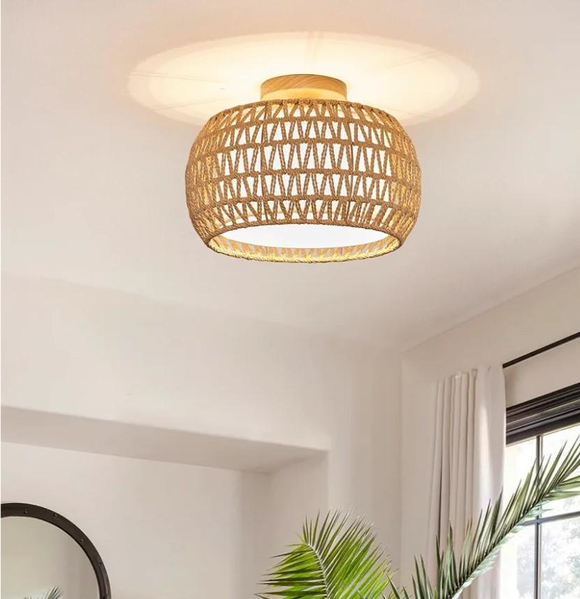 BUXVRCS Rattan Ceiling Light Fixtures,Hand-Woven Boho Flush Mount Light,Handmade Fixtures with Fabric Shade,Farmhouse Fixture for Bedroom Hallway Entryway (Yellow)