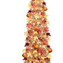 5 FT Fall Tree Fall Decor, Pop Up Tinsel Maples Tree with Timer 50 Warm White Lights Orange Pumpkins Battery Operated Lighted Halloween Tree Fall Decorations for Home Harvest Thanksgiving Party Indoor