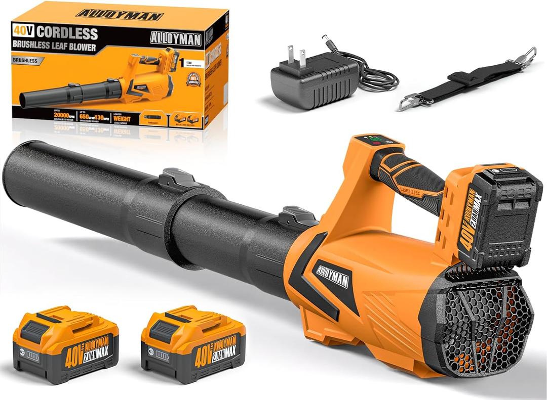Alloyman Leaf Blower Cordless 40V, 650CFM Electric Leaf Blower with 22.0Ah Batteries and Charger, 3 Speed + Turbo Mode Battery Powered Blower for Lawn Care, Leaves, Dust, Snow, Brushless Motor