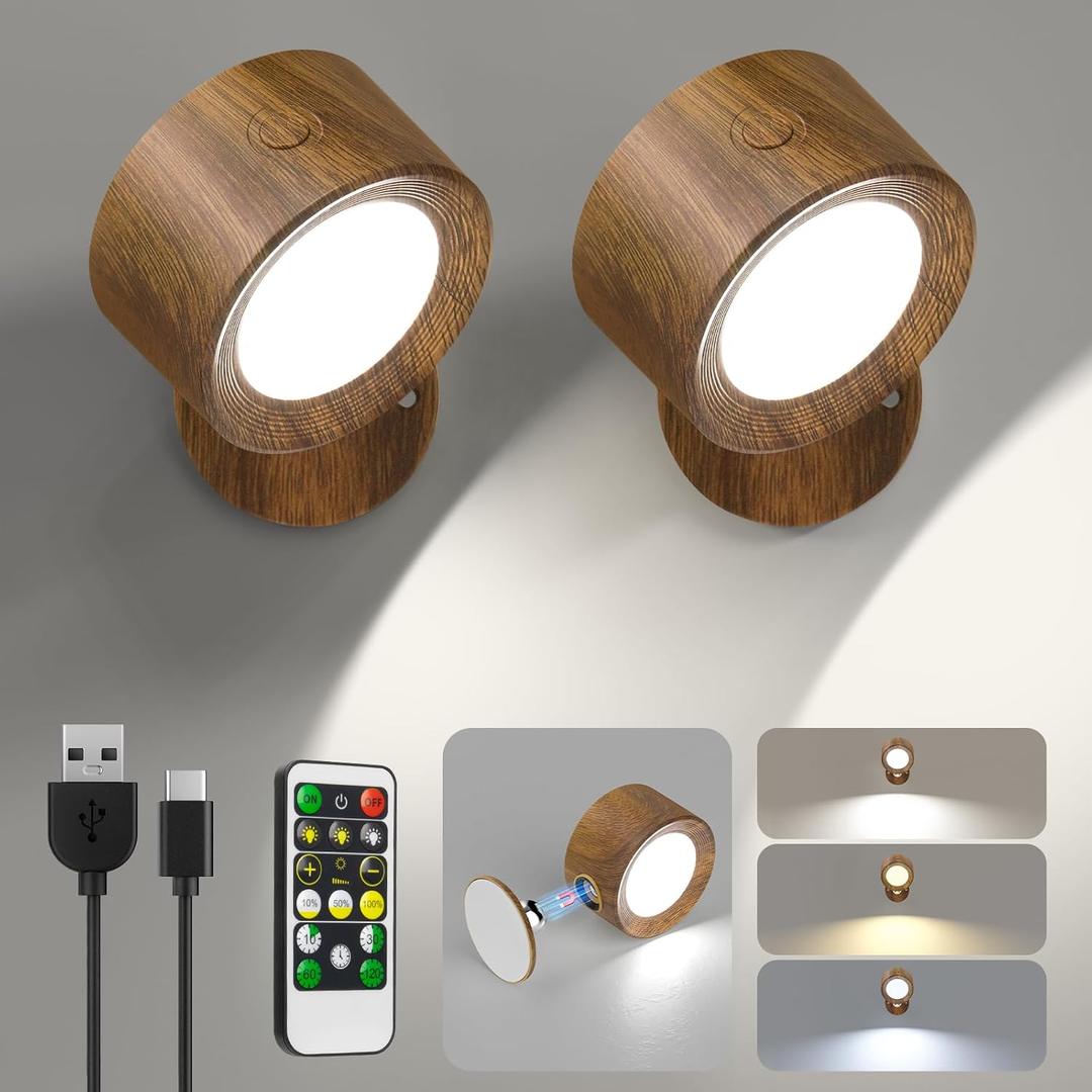 Lightbiz LED Wall Lights, Wall Sconces 2 Pcs with Remote Rechargeable Battery Operated, 3 Color Temperatures & Dimmable Wall Lamp Magnetic 360 Rotation Light for Bedroom Living Room