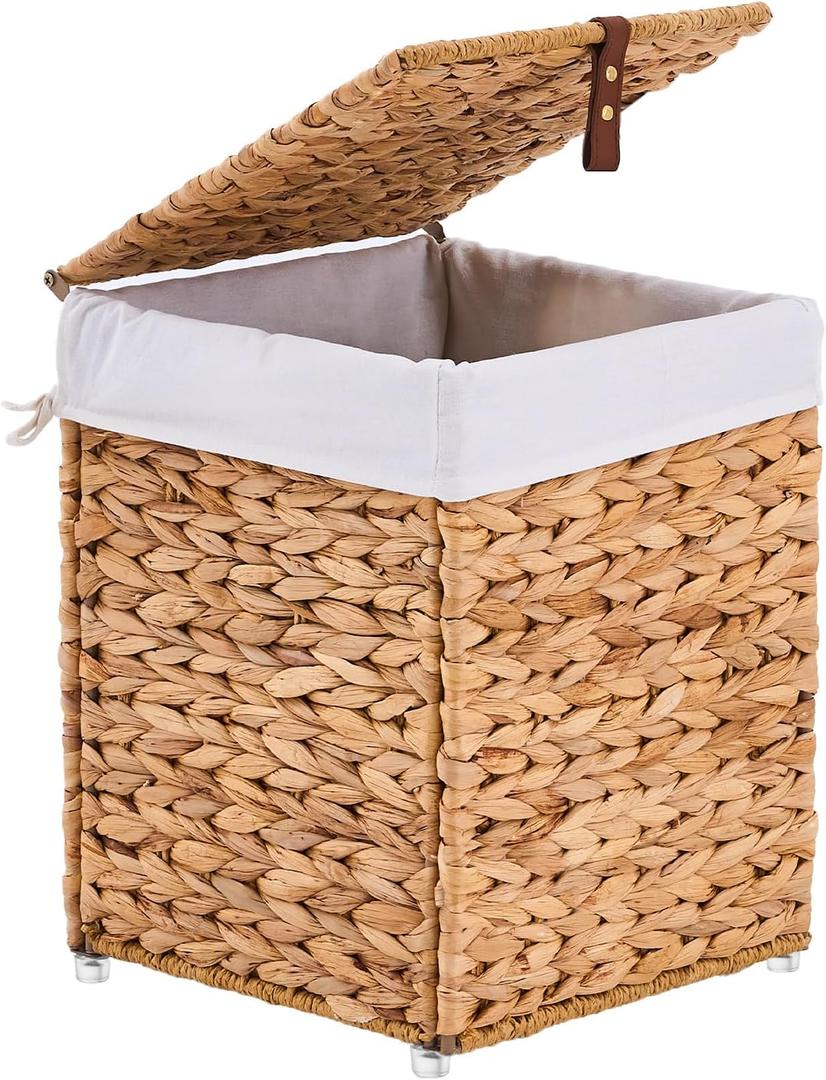 Mini Handwoven Laundry Basket with Lid, Natural Water Hyacinth Storage Basket with Handle, Removable Cotton Liner, Durable and Stylish for Bedroom, Bathroom, Laundry Room, 33L