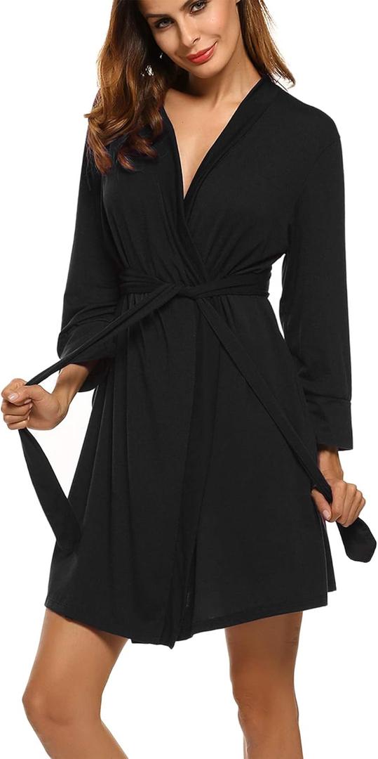 HOTOUCH Womens Robe Lightweight Short Knit Bathrobe Soft Ladies Sleepwear with Pockets (Medium, 01- Black)