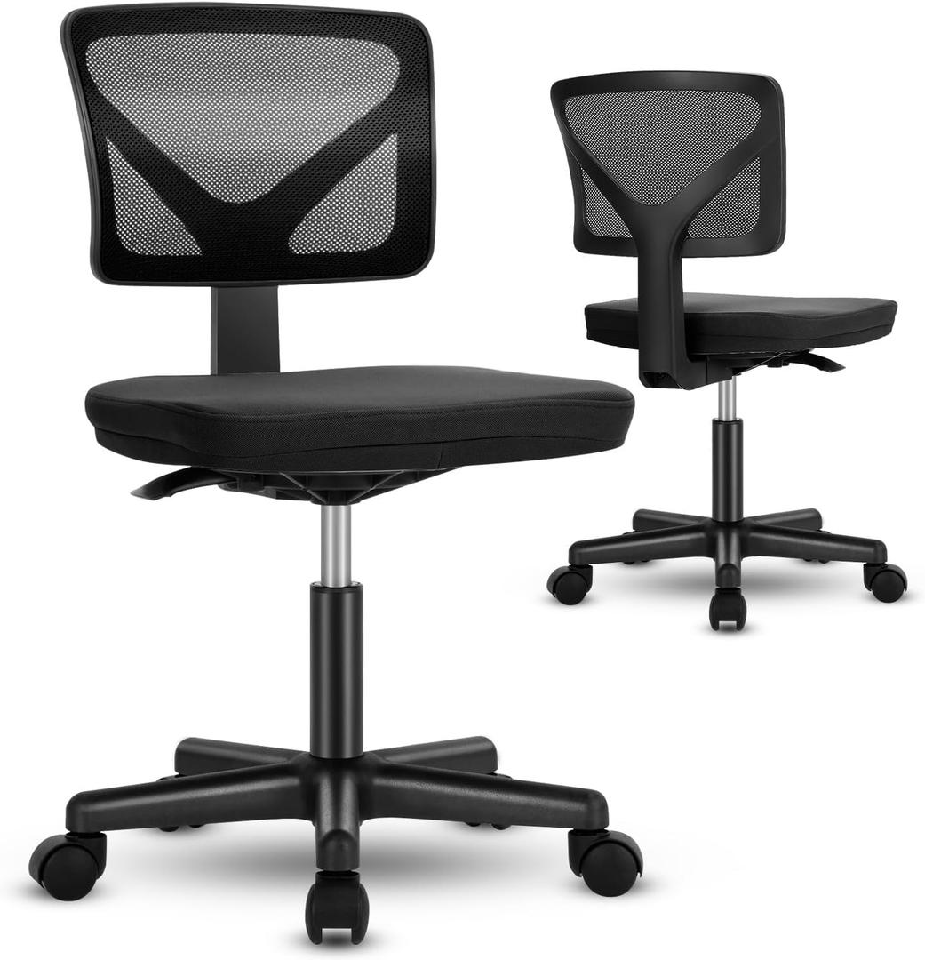 DUMOS Armless Desk Chairs Set of 2, Ergonomic Adjustable Home Office Swivel Rolling Task Chair No Arms, Comfy Mesh Mid Back Computer Work Vanity Desk Chiars with Wheels for Small Spaces, Black