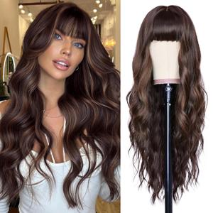 NAYOO Brown Wigs with Bangs for Women Long Curly Wavy Hair Wigs Heat Resistant Synthetic Fiber Wigs for Daily Party Use 24 Inches (Brown with Highlights)