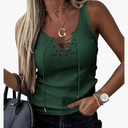 Womens Sexy V Neck Tank Shirts Top Sleeveless Casual Basic Drawstring Rib Knit Tops Size L