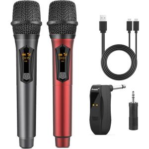 Aveek Wireless Microphone for Karaoke, 2.4GHz Rechargeable Karaoke Microphone(Work 10hs), for Speaker, Karaoke Machine,Church, Speech, Wedding, Party Singing, Grey&Red, 2 Packs