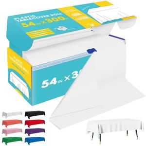 White Plastic Table Cover Roll - 54IN x 300FT, Table Cloth for Rectangle Table with Slide Cutter, Plastic Table Cloth Disposable with Cut-to-Size Design for Weddings, Banquets, Parties