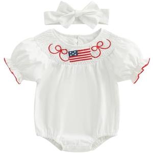 Rourufy Infant 4th Of July Outfit Girl Baby Independence Day American Flag Stars Smocked Romper Toddler Patriotic Clothes size 70