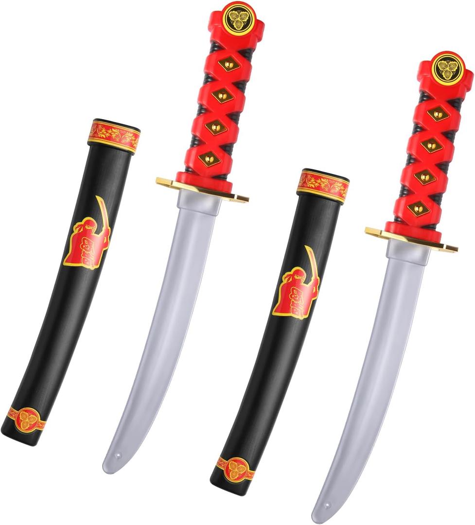 2 Pcs Plastic Samurai Sword with Sheath, Ninja Swords Katana Toy Halloween Costume Accessories for Boys, 15.7'' Length (Red)