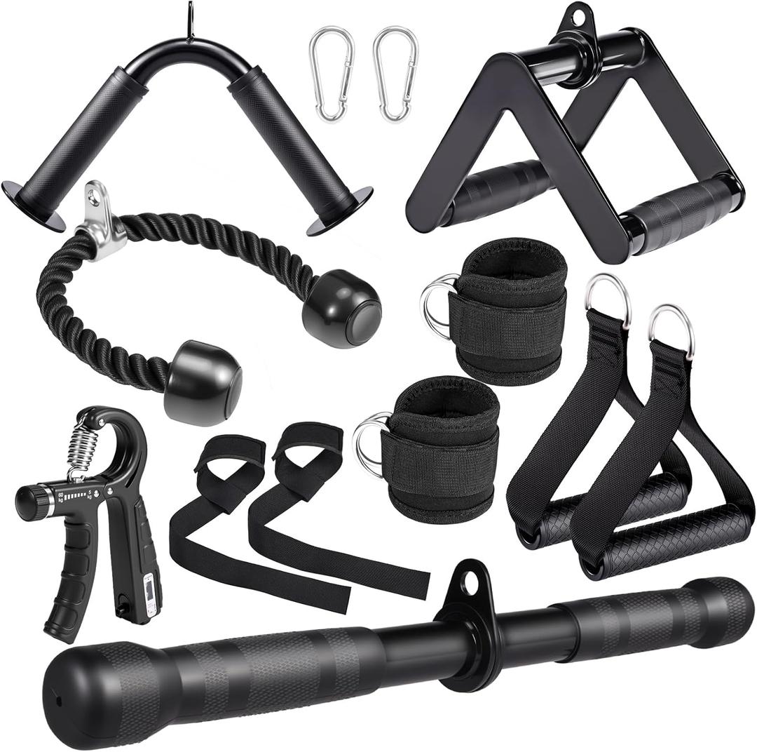 10-in-1 Cable Machine Attachments Set for Gym - Includes Tricep Rope, V-Bar, Straight Bar, D-Handle, Ankle/Wrist Straps, Storage Bag - Compatible with LAT Pulldown & Home Gym Cable Machines