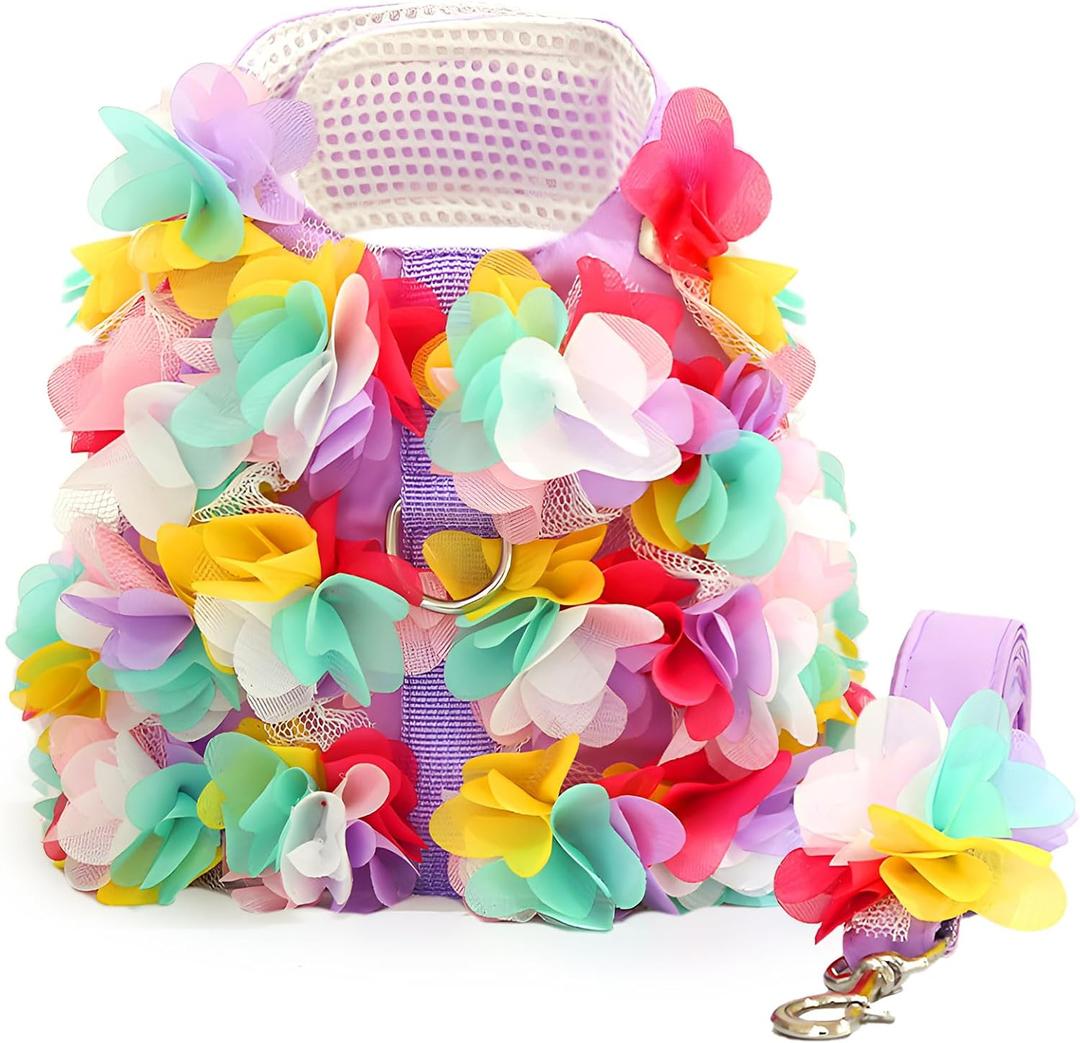 Cute Small Dog Harness and Leash Set Purple Lace Floral Girl Puppy Harness for Small Dogs Cats Soft Mesh Dog Vest Harness Escape Proof Pet Cat Harness Outfits, M