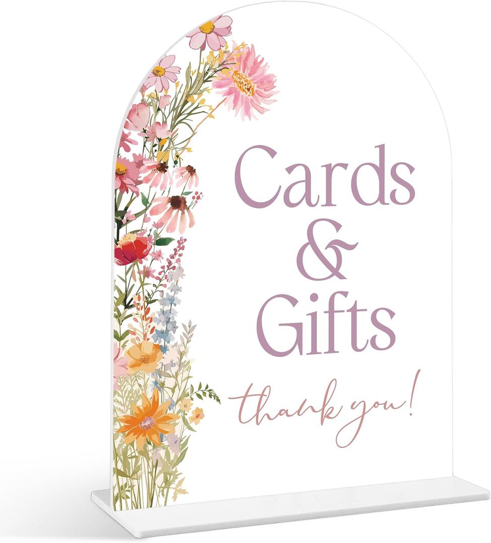 Cards and Gifts Sign - Wildflower Baby Shower Sign, 1 Pack Arch Acrylic Sign with Stand, Gender Reveal Party Table Decor, Floral Baby Shower Supplies (SE44)
