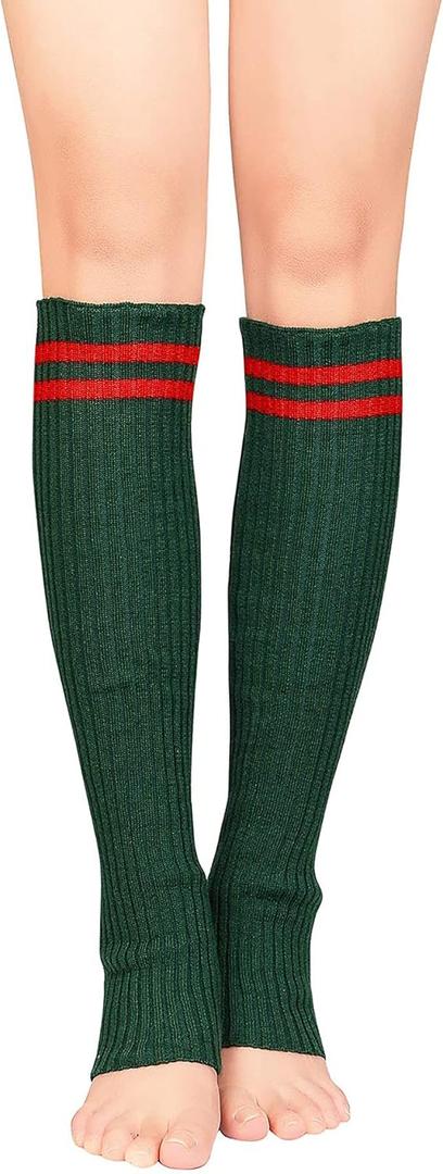 Zando Womens Fashion Warmers Adult Junior 80s Ribbed Knitted Long Socks for Party Sports Casual Socks (One Size, C Christmas Green (Red Stripe))