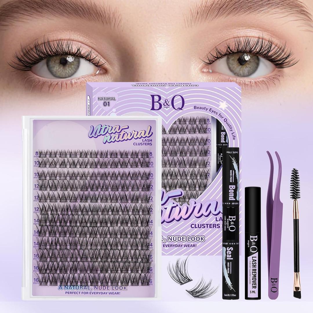 B&Q Wispy Lash Clusters Kit, Natural 01, Individual False Eyelashes Extension Set, Undetectable Natural Look for Effortless Day-to-Night Beauty, from Office Elegance to Date Night Glamour(8-16mix)