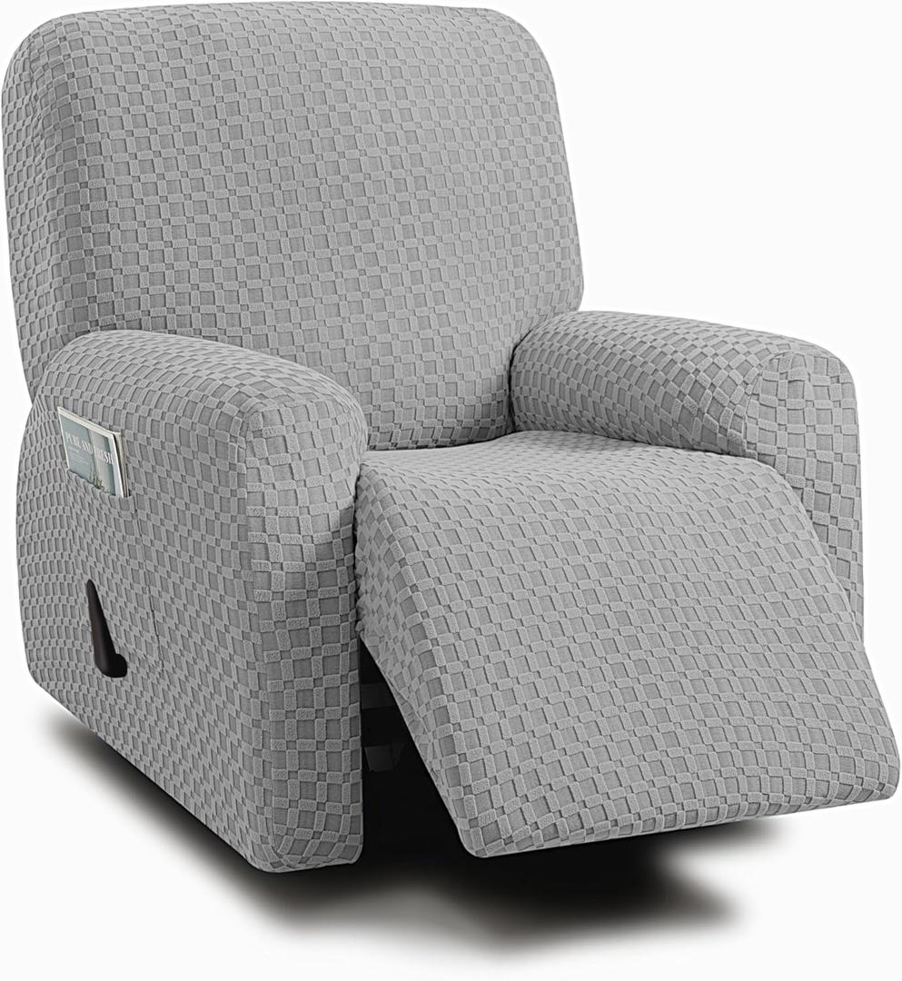 ULTICOR 4-Piece, 1 Seat Recliner Cover, Jacquared Stretch Reclining Chair Covers for 1 Cushion Reclining Sofa, Single Seat Recliner Couch Cover, Soft, Machine Washable (Style 2) (Light Grey)