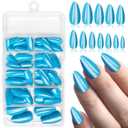 120Pcs Cat Eye Press on Nails Almond Medium Length, Full Cover Sky Blue Press on Fake Nails Glossy Acrylic Almond Shape Glue Nails for Women Girls