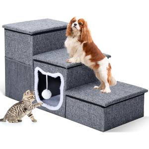 Dog Stairs for Small Dogs 16'' H, Foldable Pet Steps for High Bed, Non-Slip 3-Step Cat Stairs with Storage, Condo and Fluffy Ball, Small Dog Indoor Ramp for Couch Window