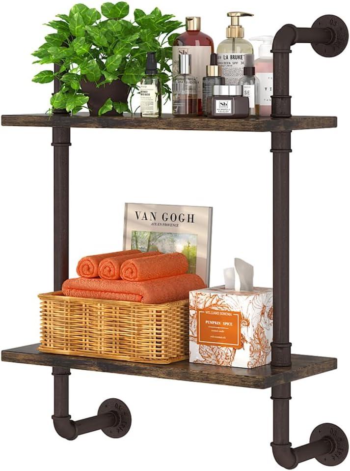 Helsin 2 Tier Industrial Pipe Floating Bathroom Shelves, 16inch Rustic Wood Wall Mounted Shelf, Storage Rack Sundries Holder for Kitchen Office Bathroom Organization & Home Dcor