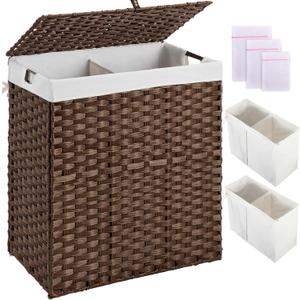 Greenstell Laundry Hamper with lid, No Install Needed, 110L Wicker Laundry Baskets Foldable 2 Removable Liner Bags, 2 Section Clothes Hamper Handwoven Rattan Laundry Basket with Handles, Brown