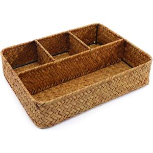 Wicker Baskets 4-Section Tea Bag/Sugar Packet Holder, Seagrass Woven Compartment Organizer, Storage Rattan Divided Basket for Home, Office-Desk Baskets for Shelves,Pantry,Coffee Bar,Countertops,Closet