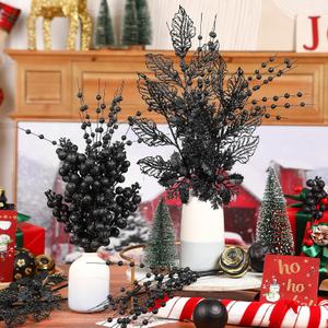 Alupssuc 24 Pcs 3 Styles Glitter Christmas Tree Picks and Holly Berry Stems Christmas Decorations Set, Poinsettia Flowers Artificial for Xmas Tree Ornaments or Party Wreath Fireplace, Black