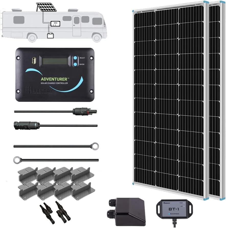 Renogy 200 Watts 12 Volts Monocrystalline RV Solar Panel Kit with Adventurer 30A LCD PWM Charge Controller and Mounting Brackets for RV, Boats, Trailer, Camper, Marine, Off-Grid Solar Power System