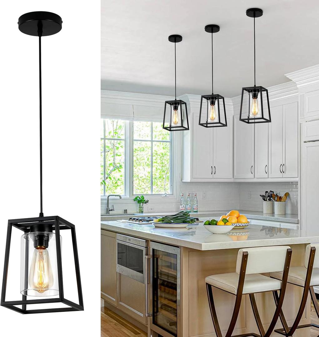 Pendant Lights Kitchen Island, Black Industrial Lantern Pendant Light Fixtures with Clear Glass Shade, 1-Lighting Linear Hanging Light Fixtures for Dining Room, Entryway, Hallway