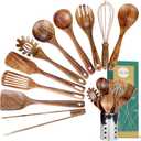 Kitchen Utenails Set with Holder, Kitchen Wooden Utensils for Cooking, Wood Utensil Natural Teak Wood Spoons for Cooking, Wooden Kitchen Utensil Set With Spatula and Ladle (11)