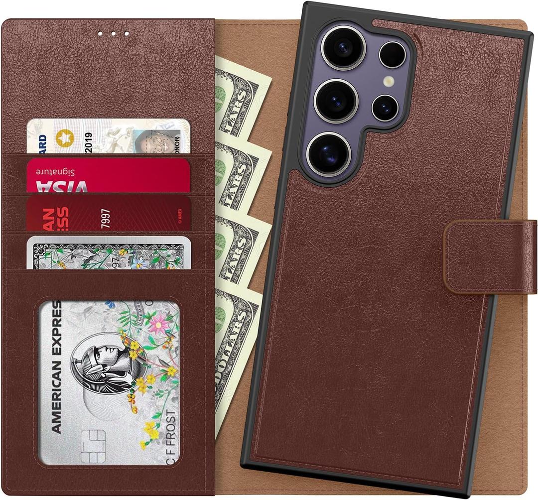 FUNMIKO for Samsung Galaxy S25 Ultra Case Wallet,Detachable Flip Folio Leather Cover,RFID Blocking 4 Card Slots Holder,Kickstand Function,Protective Phone Shell for Men Women Girls,Brown