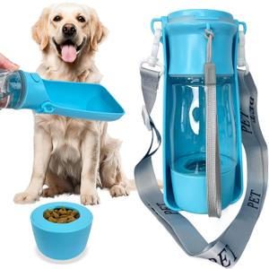 Portable Dog Water Bottle - 2-in-1 Dog Travel Water Bottle with Food Container & Bowl Dispenser, Leak-Proof, Lightweight, Ideal for Dog, Cat Walking, Hiking, Travel - 8 oz, Blue