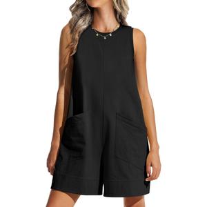 ANRABESS Womens Romper Casual Loose Sleeveless 2025 Summer One Piece Outfit Crewneck Short Jumpsuit Overall Outfits & Pockets (X-Large, Black)