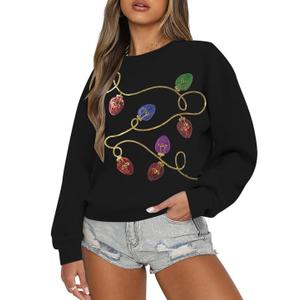 BANGELY Christmas Sequin Sweatshirt Women Christmas Light Sweatshirts Xmas Long Sleeve Shirts Holiday Crewneck Pullover Tops M