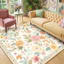 RELEANY Floral Square 6ft Area Rugs Washable Print Boho Cute Carpet Non Slip Flower Low Pile for Living Room Bedroom Kitchen Office Farmhouse-Beige/White/Orange