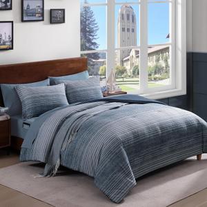 AMBERSPACE Queen Comforter Set Striped, Lake Blue Bedding Set 7 Pieces for Boys Girls Teen, All Season Bed in a Bag for Dorm with Sheets, Pillowcases & Shams