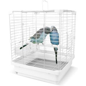 Small Bird Cage for Parakeets, Budgies & Canaries and More Small Birds - Lightweight Travel Birdcage & Bird Carrier with Handle, Stand, Removable Tray, Portable for Hanging, Outdoor Use, White