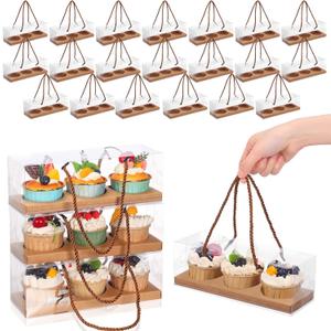 Thenshop 20 Pcs 9 x 3 x 3 Inch Clear Cupcake Boxes with Handle and Inserts 3 Count Portable Pastry Packaging for Cupcakes Carrier Muffin Bakery Containers Mothers Day Wedding Party(Brown)