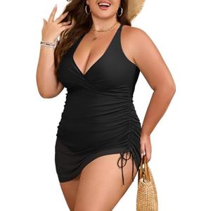 B2prity Women's Plus Size One Piece Swimdress Swimsuit Tummy Control Slimming Swim Dress Mesh Drawstring Skirted Bathing Suit, size -3XL