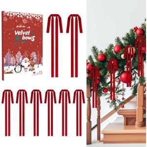 8Pcs Large Long Velvet Bows for Christmas Tree - Big 15.723.6 Inch Vintage Ribbon Bows, Xmas Tree Ornaments for Garland, Wreath, Fireplace, Door & Gift Wrapping, Holiday Home Decor Bows (Red)