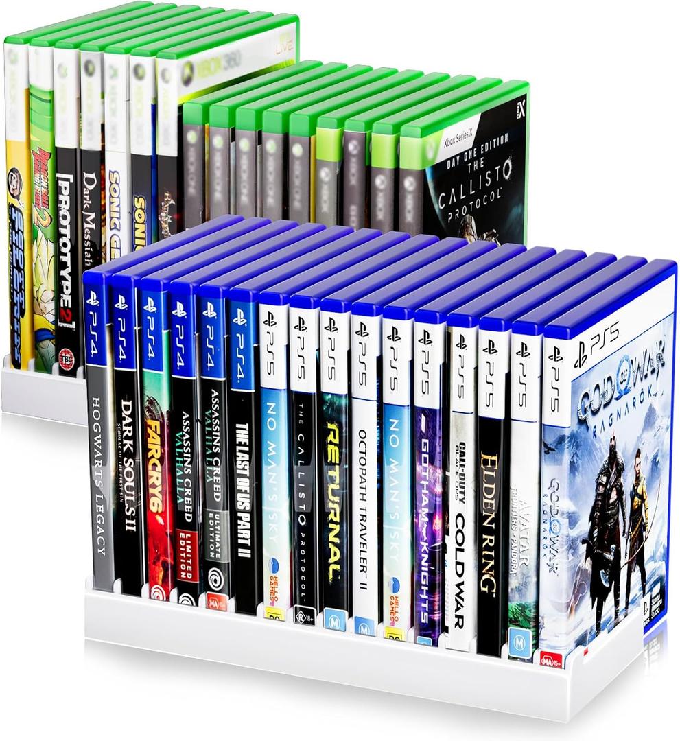 Nargos Video Game Storage Holder for for PS5/ PS4/ PS3/ PS2/ Xbox One/Xbox 360 and Xbox Series X/S/Wii/Switch/Switch 2 Game Cases, DVD and Blu-Ray Organizer for Desk (2, White)