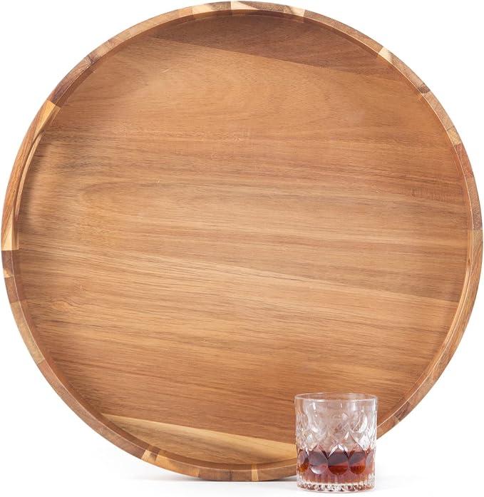 Large Ottoman Tray Round, 20" Extra Large Wooden Serving Tray with Handles, Acacia Wood Decorative Tray Wooden Trays for Living Room Ottoman, Food Serving, Breakfast, Dinner, Appetizers, Size: 20"
