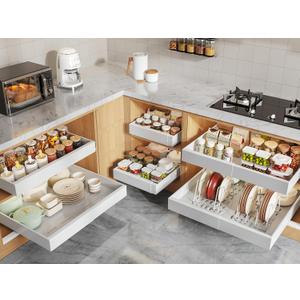 Seinloes 6 Pack Pull Out Cabinet Organizers 21" Deep With Raising Pad for Framed Cabinets, Expandable Slide Out Drawers with 4pcs Divider Racks, Roll Out Shelves, Adjustable Width 12"-20.45" White