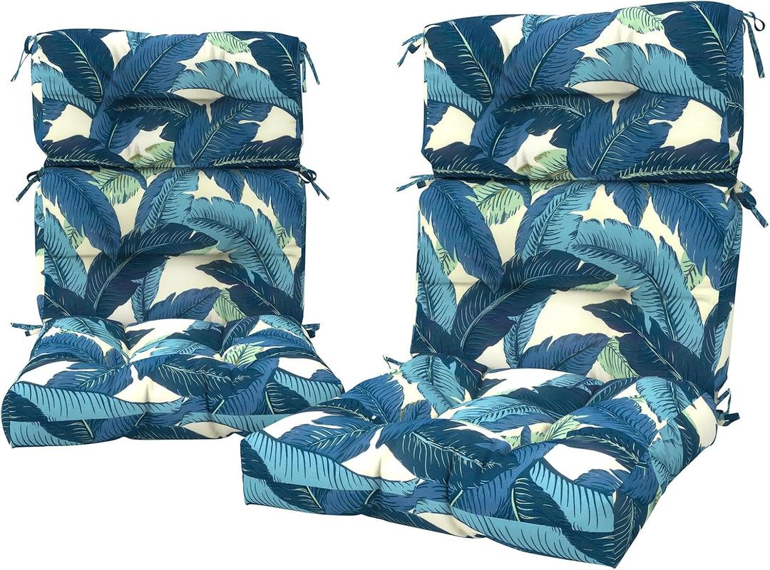 LVTXIII 2 Pack Outdoor High Back Cushions, 22" W x 20" D Tufted Seat and Back Chair Cushion with Ties, Fluffy Patio Replacement Rocking Chair Cushion for Outdoor Furniture Use, Swaying Palms Blue, 44"x22"x4"